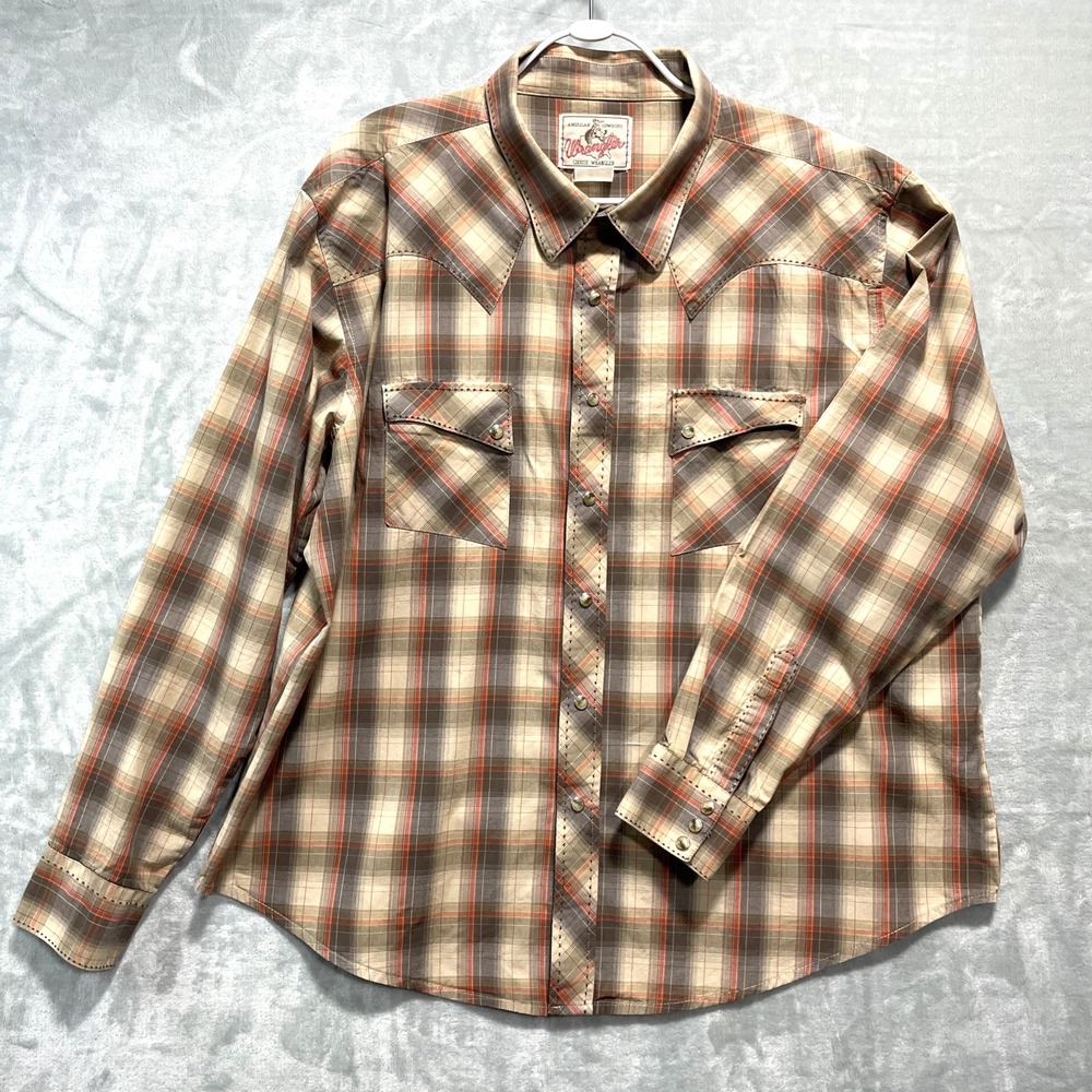 Vtg American Cowboys Choose Wrangler Western Pearl Snap Stitched Rodeo Shirt XL